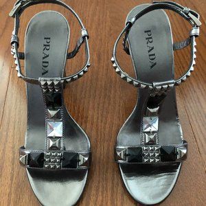 PRADA STUDDED PEWTER SANDAL